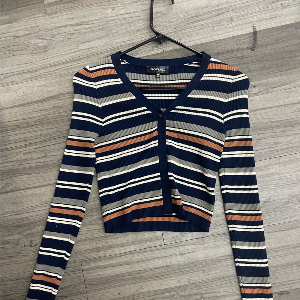 French Kyss Navy and Orange Striped Sweater